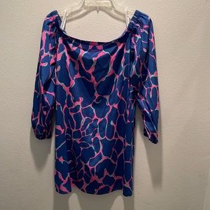 Lilly Pulitzer silk longsleeve offtheshoulder pink and blue leopard print dress
